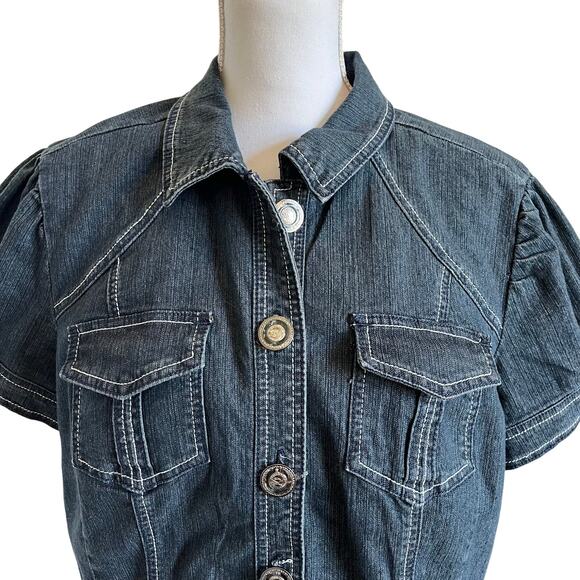 CJ Banks Jacket Shirt Jacket Puff Sleeve Size X 14W Plus Blue Jean Denim - Picture 2 of 10